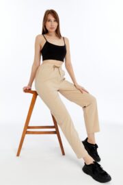 Kadın Oversize Paraşüt Kumaş Baggy Pantolon - Bej - Görsel 9