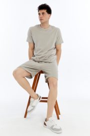 Erkek Oversize Duble Paça Penye Şort & Tişört Takım - Taş - Görsel 9