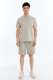 Erkek Oversize Duble Paça Penye Şort & Tişört Takım - Taş - Görsel 10