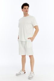 Erkek Oversize Duble Paça Penye Şort & Tişört Takım - Beyaz - Görsel 9