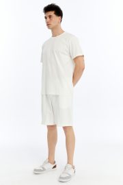 Erkek Oversize Duble Paça Penye Şort & Tişört Takım - Beyaz - Görsel 11