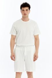 Erkek Oversize Duble Paça Penye Şort & Tişört Takım - Beyaz - Görsel 6