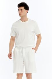 Erkek Oversize Duble Paça Penye Şort & Tişört Takım - Beyaz - Görsel 13