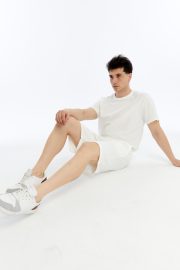 Erkek Oversize Duble Paça Penye Şort & Tişört Takım - Beyaz - Görsel 8