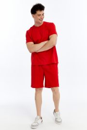 Erkek Oversize Duble Paça Penye Şort & Tişört Takım - Kırmızı - Görsel 10
