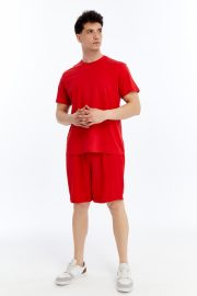 Erkek Oversize Duble Paça Penye Şort & Tişört Takım - Kırmızı - Görsel 11