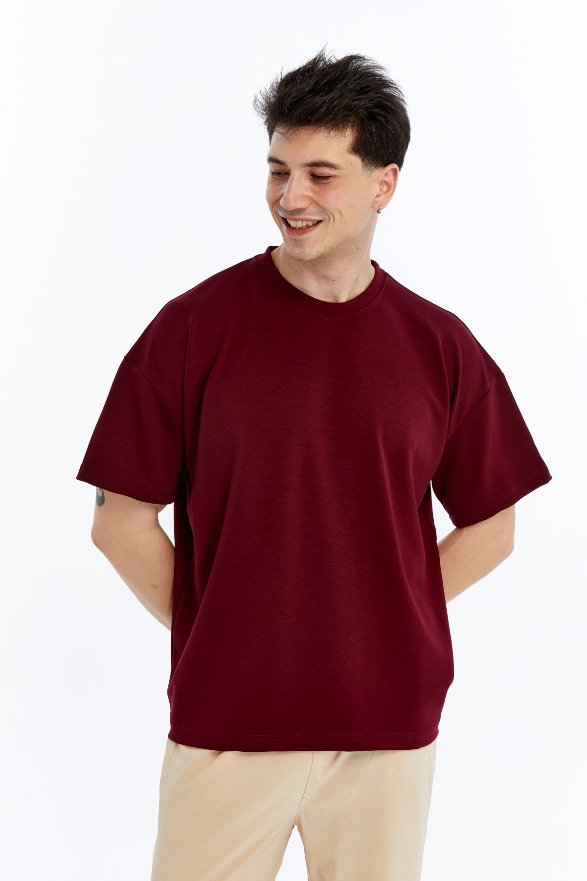 23052025.NRC67094 Erkek Modal Kumaş Oversize Bordo T-Shirt - Görsel 1