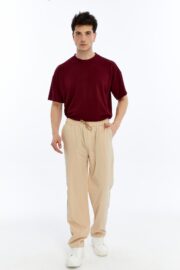 Erkek Oversize Paraşüt Kumaş Baggy Pantolon - Bej - Görsel 12