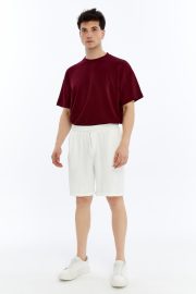 Erkek Oversize Duble Paça Penye Şort - Beyaz - Görsel 2