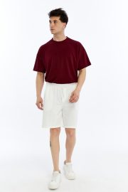 Erkek Oversize Duble Paça Penye Şort - Beyaz
