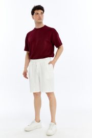 Erkek Oversize Duble Paça Penye Şort - Beyaz - Görsel 9