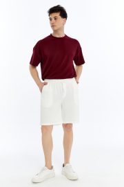 Erkek Oversize Duble Paça Penye Şort - Beyaz - Görsel 10