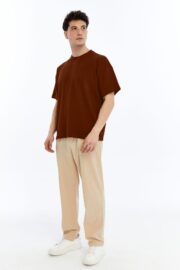 Erkek Modal Kumaş Oversize Kahverengi T-Shirt - Görsel 8