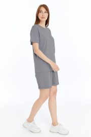 Kadın Oversize Duble Paça Penye Şort & Tişört Takım - Gri - Görsel 9