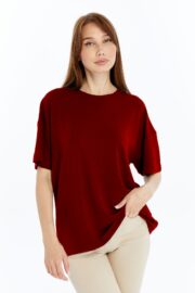 Kadın Modal Kumaş Oversize Bordo T-Shirt - Görsel 3