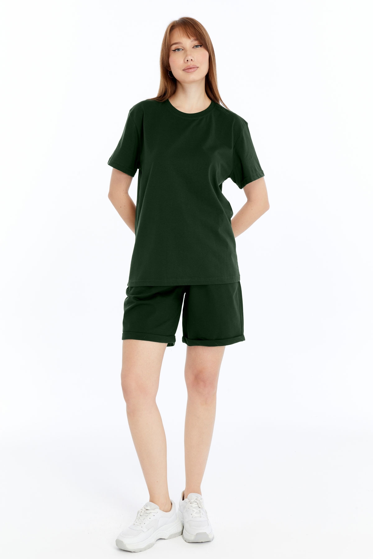4 Kadın Oversize Duble Paça Penye Şort & Tişört Takım - Haki - Görsel 1