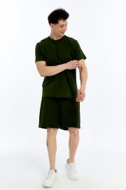 Erkek Oversize Duble Paça Penye Şort & Tişört Takım - Haki - Görsel 9