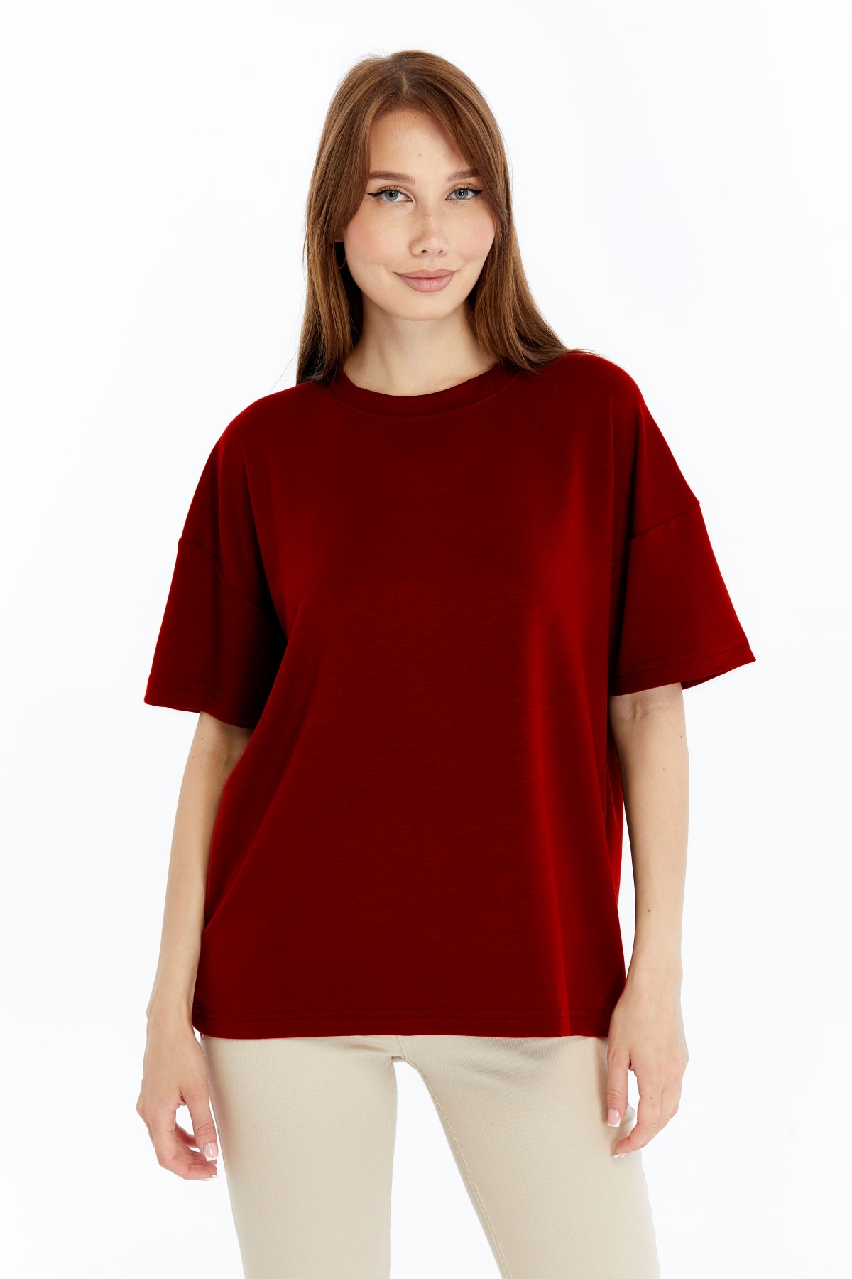 5 Kadın Modal Kumaş Oversize Bordo T-Shirt - Görsel 1