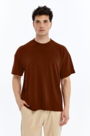 Erkek Modal Kumaş Oversize Kahverengi T-Shirt