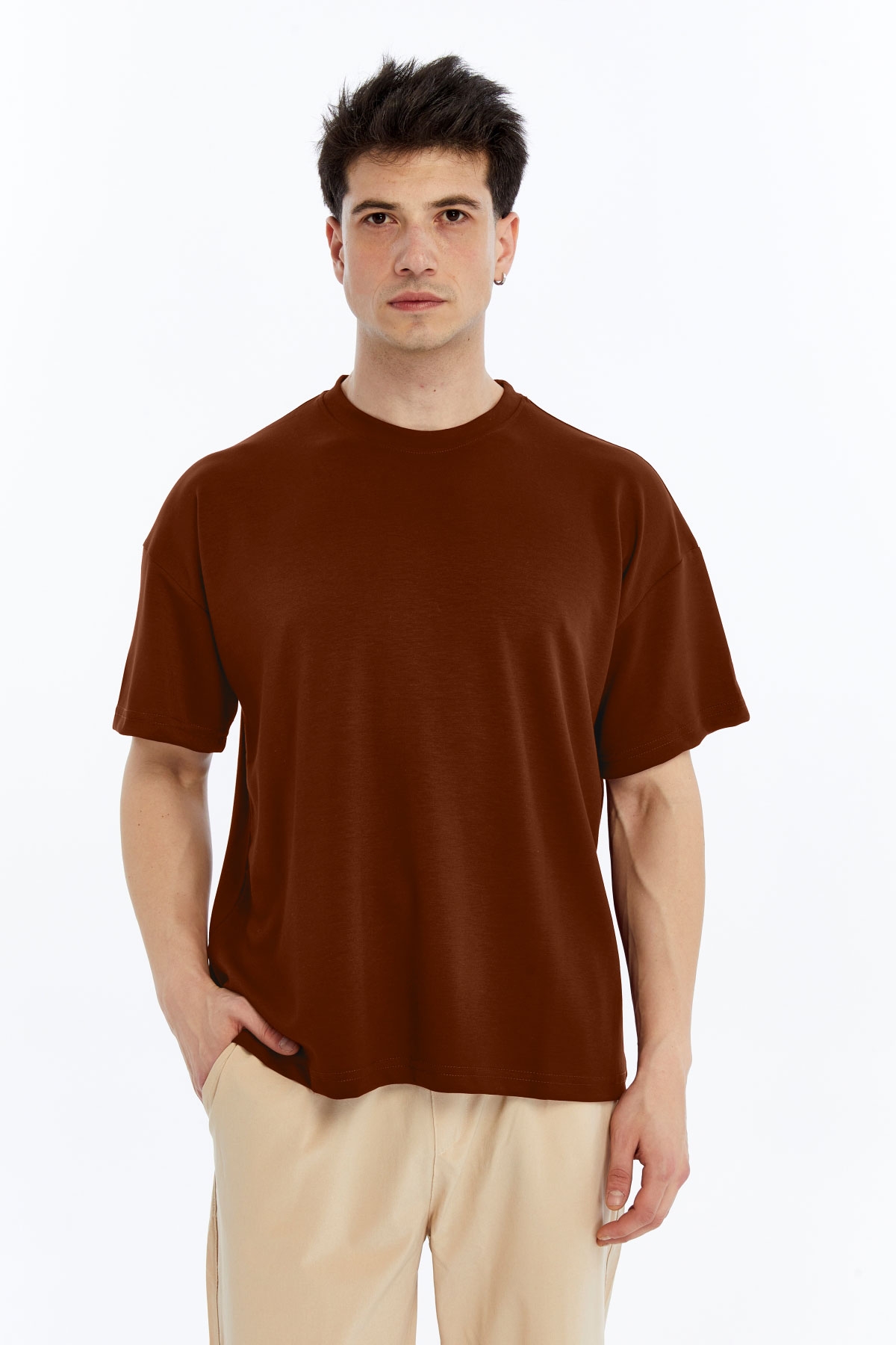 5 Erkek Modal Kumaş Oversize Kahverengi T-Shirt - Görsel 1