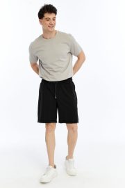 Erkek Oversize Duble Paça Penye Şort - Siyah - Görsel 4