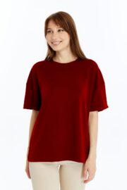 Kadın Modal Kumaş Oversize Bordo T-Shirt - Görsel 4