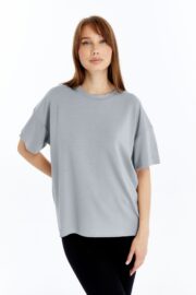 Kadın Modal Kumaş Oversize Gri T-Shirt - Görsel 10