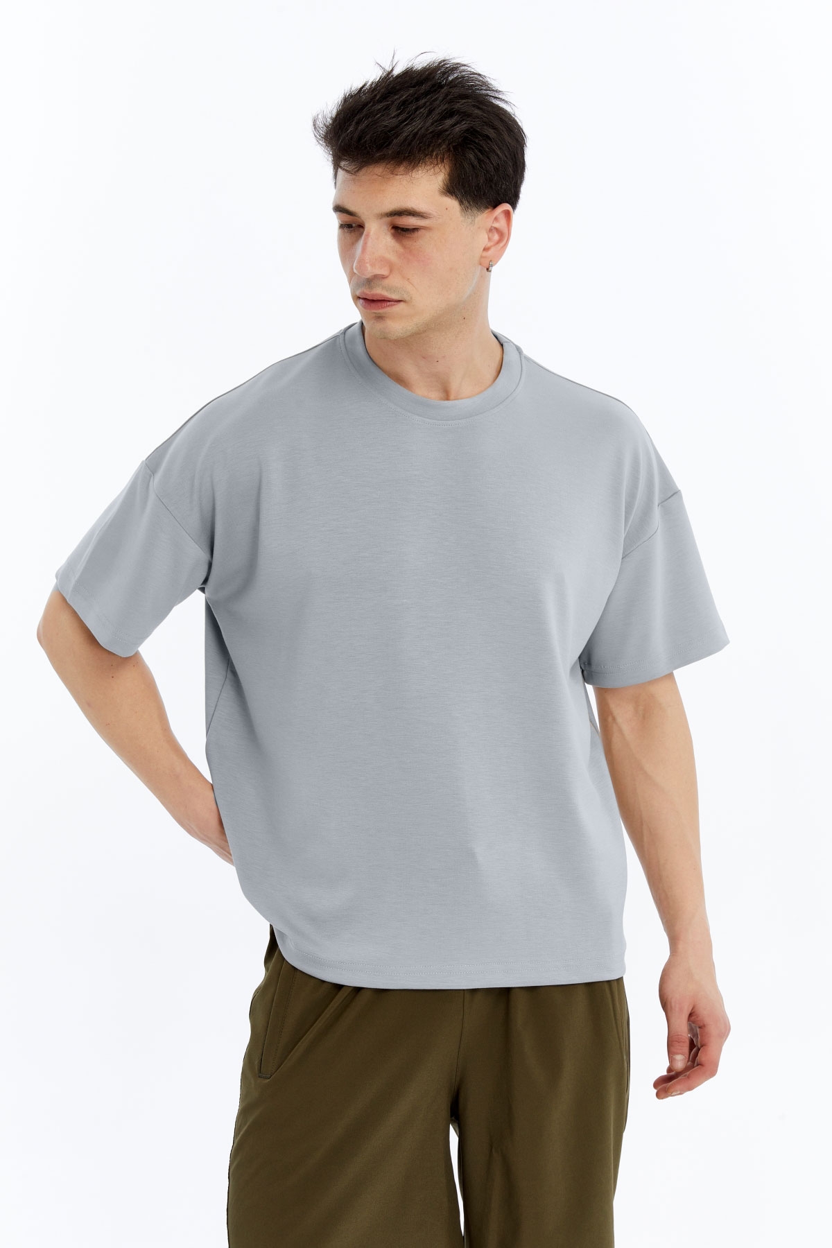 6 Erkek Modal Kumaş Oversize Gri T-Shirt - Görsel 1