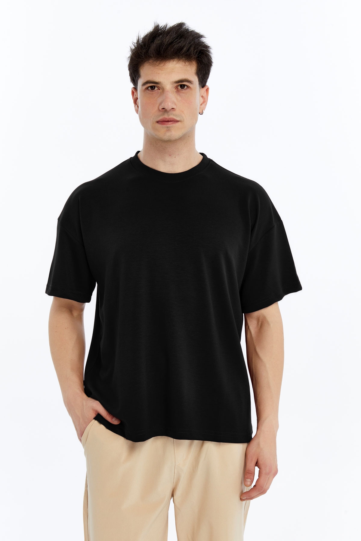 6 Erkek Modal Kumaş Oversize Siyah T-Shirt - Görsel 1