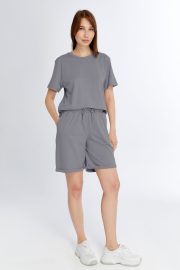 Kadın Oversize Duble Paça Penye Şort & Tişört Takım - Gri - Görsel 11