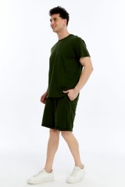 Erkek Oversize Duble Paça Penye Şort & Tişört Takım - Haki - Görsel 10