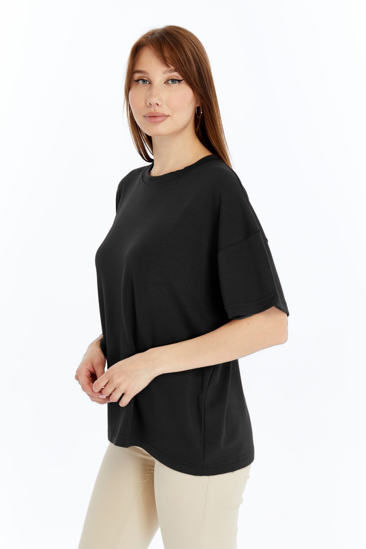 7 Kadın Modal Kumaş Oversize Siyah T-Shirt - Görsel 1