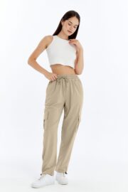 Kadın Oversize Paraşüt Kumaş Kargo Cep Pantolon - Bej - Görsel 5