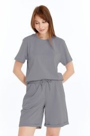 Kadın Oversize Duble Paça Penye Şort & Tişört Takım - Gri - Görsel 5