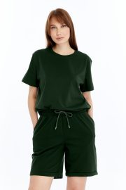 Kadın Oversize Duble Paça Penye Şort & Tişört Takım - Haki - Görsel 5