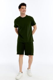 Erkek Oversize Duble Paça Penye Şort & Tişört Takım - Haki - Görsel 5