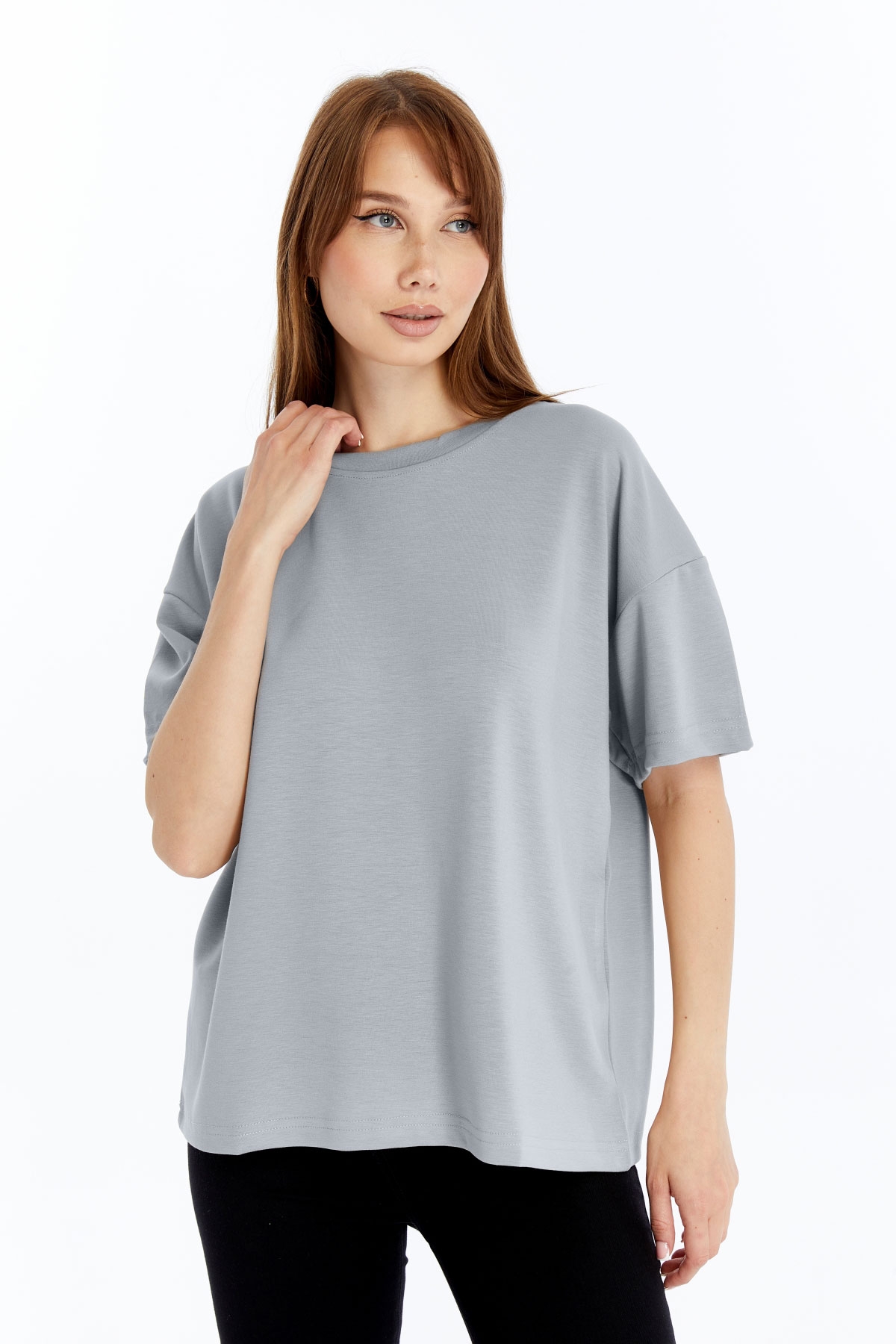 8 Kadın Modal Kumaş Oversize Gri T-Shirt - Görsel 1