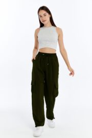 Kadın Oversize Paraşüt Kumaş Kargo Cep Pantolon - Haki - Görsel 5