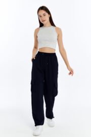 Kadın Oversize Paraşüt Kumaş Kargo Cep Pantolon - Lacivert - Görsel 11