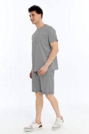 Erkek Oversize Duble Paça Penye Şort & Tişört Takım - Gri - Görsel 5