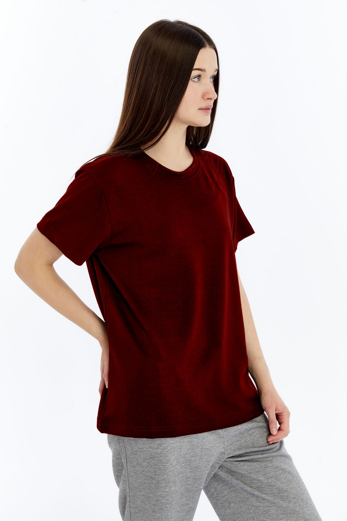 9 Kadın Modal Kumaş Regular Bordo T-Shirt - Görsel 1