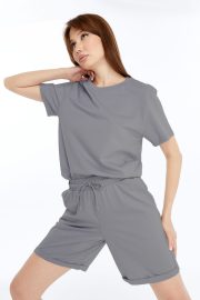 Kadın Oversize Duble Paça Penye Şort & Tişört Takım - Gri - Görsel 13