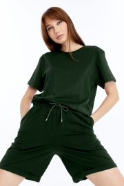 Kadın Oversize Duble Paça Penye Şort & Tişört Takım - Haki - Görsel 13