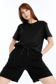 Kadın Oversize Duble Paça Penye Şort & Tişört Takım - Siyah - Görsel 14
